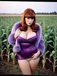 Beautiful young woman with large breasts stands in a cornfield at dawn