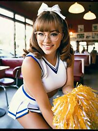 Woman with a vintage cheerleader uniform in a daytime cafe